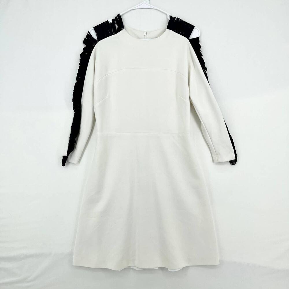 Sandro Paris White Long Sleeve Dress with Fringe Sleeve Detail - Size 1 (S)